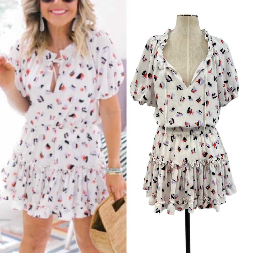 Buddy Love Ray Mini Dress Smocked Short Sleeve Brush Print White Size Medium‎